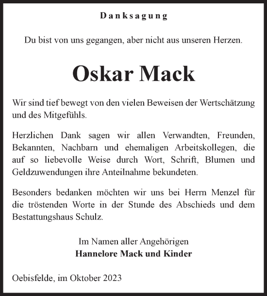 Traueranzeige von Oskar Mack von Volksstimme Altmark West