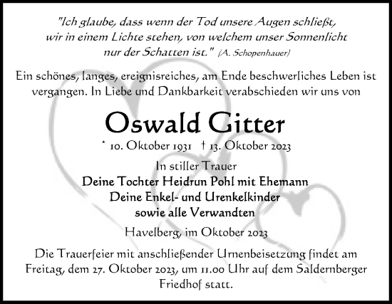 Traueranzeige von Oswad Gitter von Volksstimme Altmark Ost