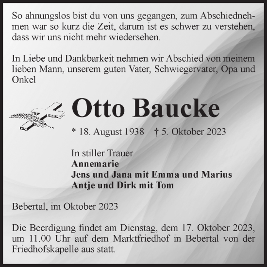 Traueranzeige von Otto Baucke von Volksstimme Haldensleben/Wolmirstedt