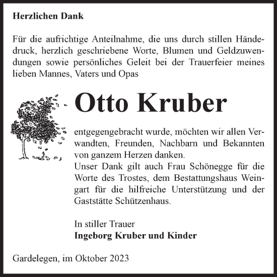 Traueranzeige von Otto Kruber von Volksstimme Altmark West