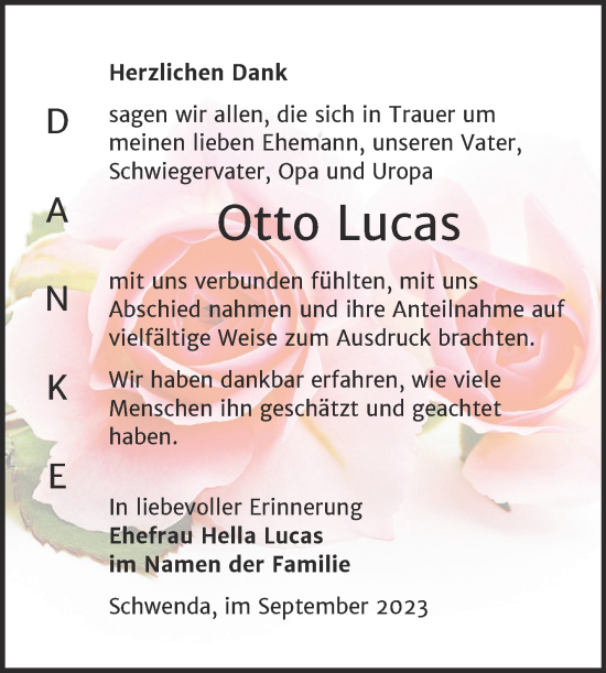 Traueranzeige von Otto Lucas von Trauerkombi Sangerhausen