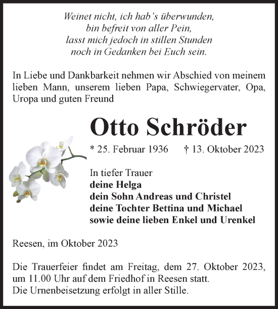 Traueranzeige von Otto Schröder von Volksstimme Burg/Genthin