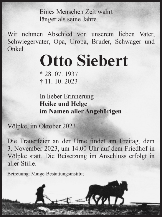 Traueranzeige von Otto Siebert von Volksstimme Oschersleben/Wanzleben