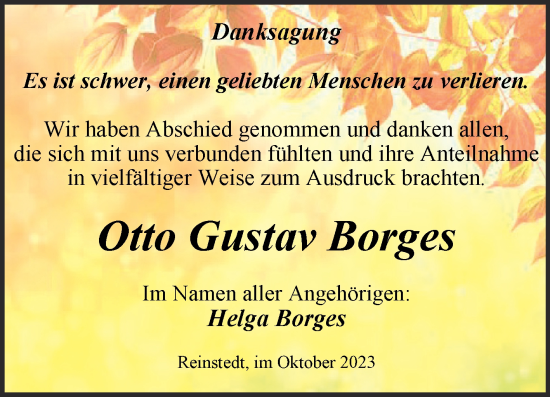 Traueranzeige von Otto Gustav Borges von Trauerkombi Quedlinburg