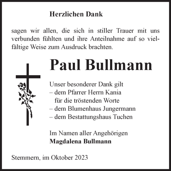Traueranzeige von Paul Bullmann von Volksstimme Oschersleben/Wanzleben