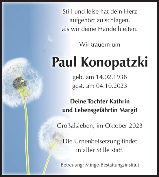 Traueranzeige von Paul Konopatzki von Volksstimme Oschersleben/Wanzleben