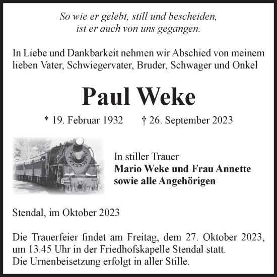 Traueranzeige von Paul Weke von Volksstimme Altmark Ost
