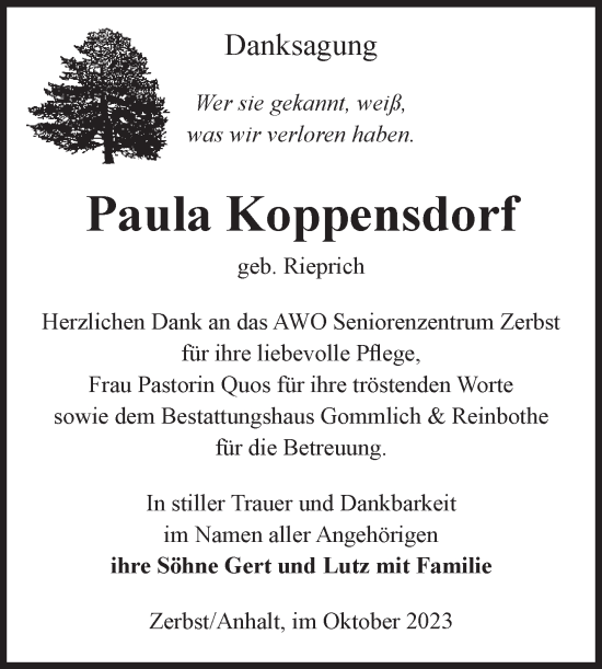 Traueranzeige von Paula Koppensdorf von Volksstimme Zerbst