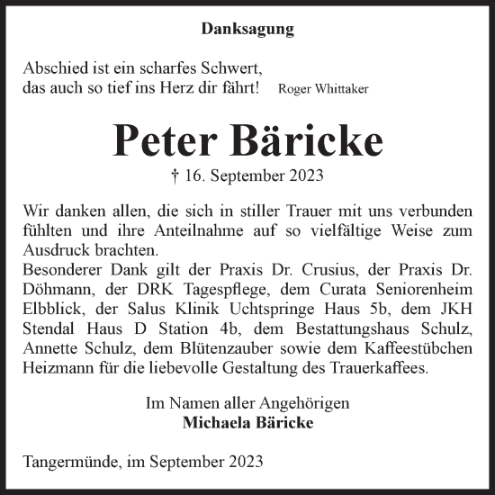Traueranzeige von Peter Bäricke von Volksstimme Altmark Ost