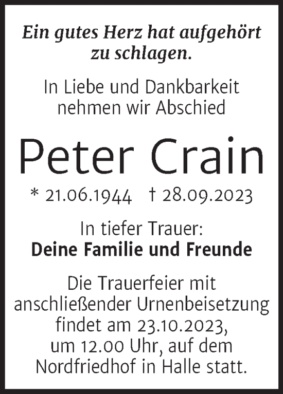 Traueranzeige von Peter Crain von Mitteldeutsche Zeitung Halle/Saalkreis