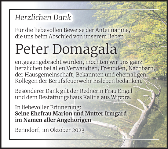 Traueranzeige von Peter Domagala von Super Sonntag Mansfelder Land