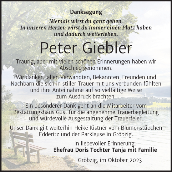Traueranzeige von Peter Giebler von Trauerkombi Köthen