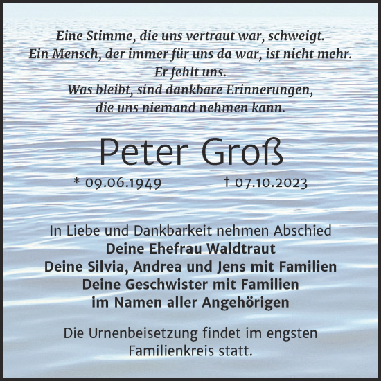 Traueranzeige von Peter Groß von Trauerkombi Merseburg