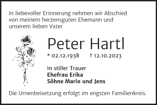 Traueranzeige von Peter Hartl von Trauerkombi Bernburg