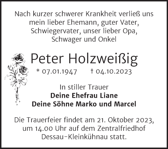 Traueranzeige von Peter Holzweißig von Trauerkombi Dessau