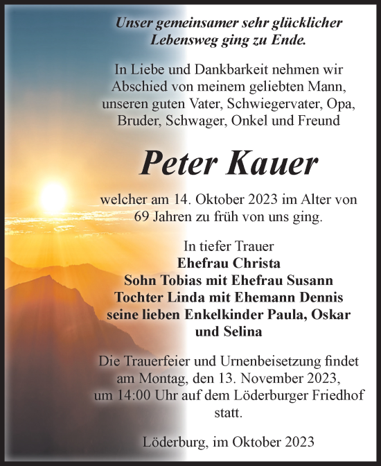 Traueranzeige von Peter Kauer von Volksstimme Staßfurt