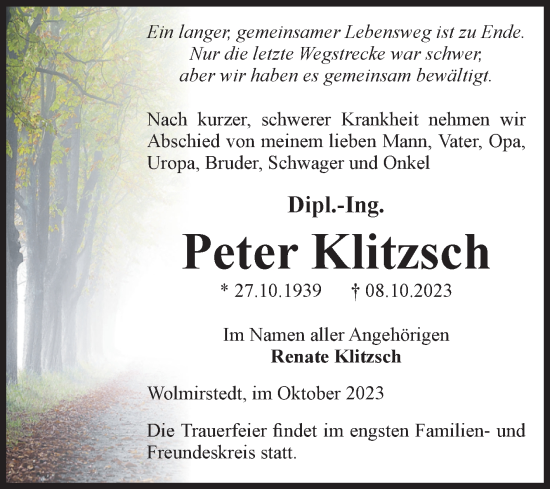 Traueranzeige von Peter Klitzsch von Volksstimme Haldensleben/Wolmirstedt