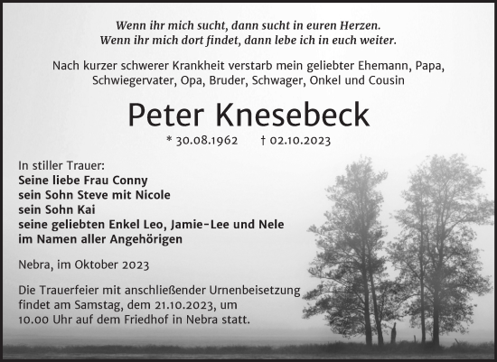 Traueranzeige von Peter Knesebeck von Wochenspiegel Naumburg/Nebra