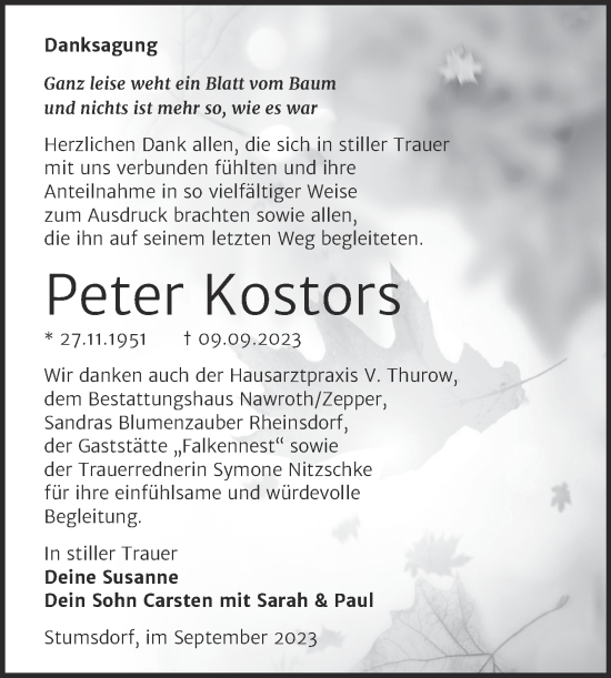 Traueranzeige von Peter Kostors von Trauerkombi Bitterfeld