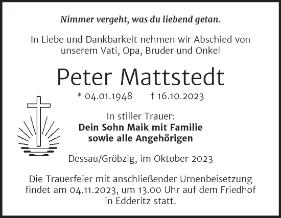 Traueranzeige von Peter Mattstedt von Trauerkombi Köthen