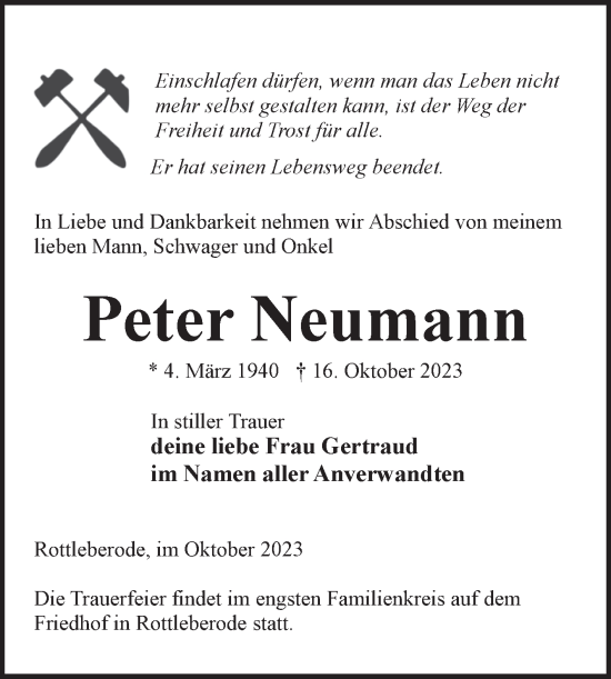 Traueranzeige von Peter Neumann von Trauerkombi Sangerhausen