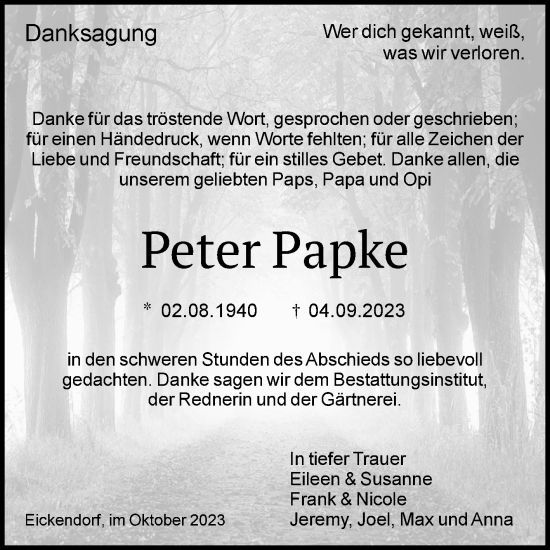 Traueranzeige von Peter Papke von Volksstimme Schönebeck