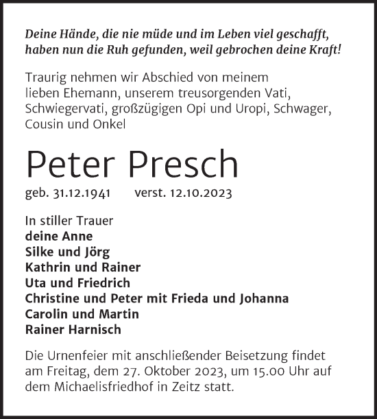 Traueranzeige von Peter Presch von Trauerkombi Zeitz