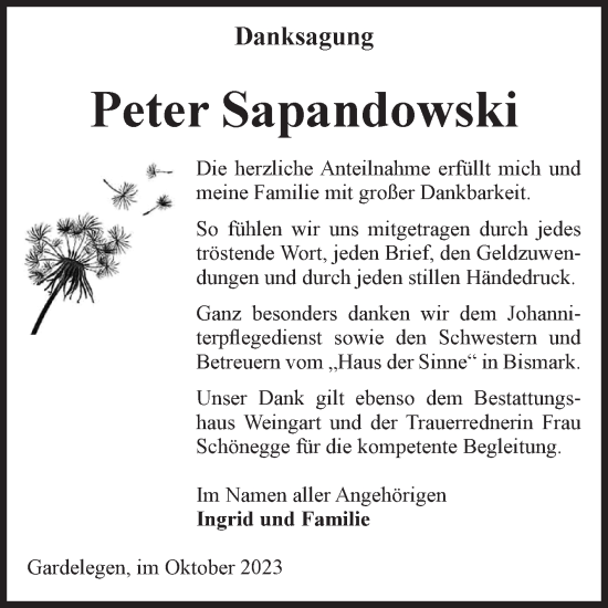 Traueranzeige von Peter Sapandowski von Volksstimme Altmark West