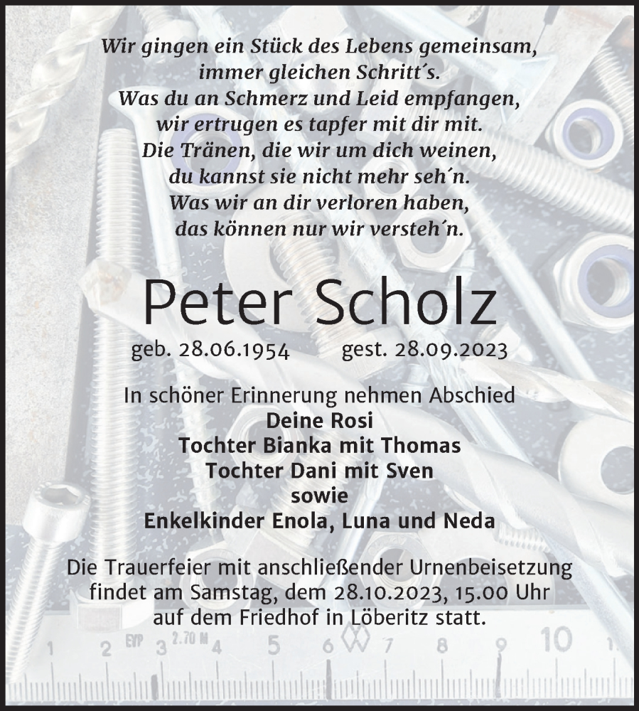  Traueranzeige für Peter Scholz vom 07.10.2023 aus Trauerkombi Bitterfeld