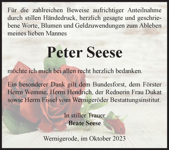 Traueranzeige von Peter Seese von Volksstimme Wernigerode