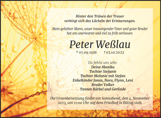 Traueranzeige von Peter Weßlau von Trauerkombi Wittenberg