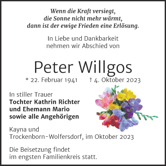 Traueranzeige von Peter Willgos von Trauerkombi Zeitz