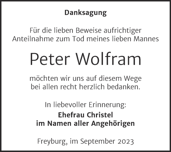Traueranzeige von Peter Wolfram von Wochenspiegel Naumburg/Nebra