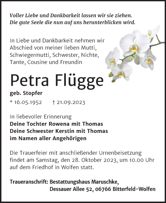 Traueranzeige von Petra Flügge von Trauerkombi Bitterfeld