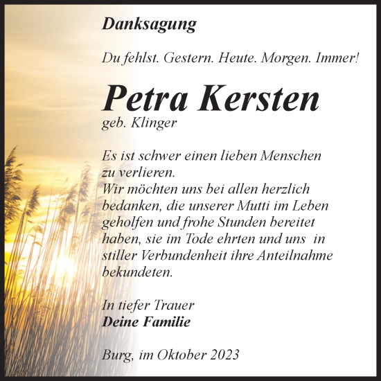 Traueranzeige von Petra Kersten von Volksstimme Burg/Genthin