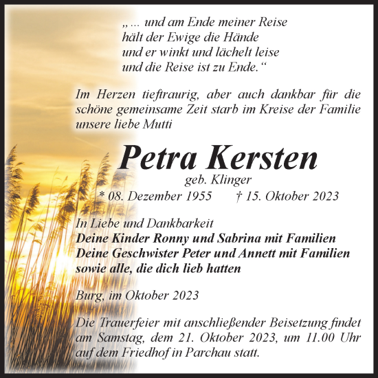Traueranzeige von Petra Kersten von Volksstimme Burg/Genthin
