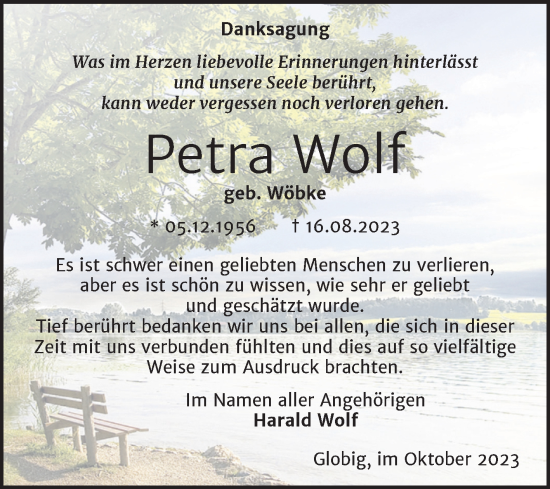 Traueranzeige von Petra Wolf von Trauerkombi Wittenberg
