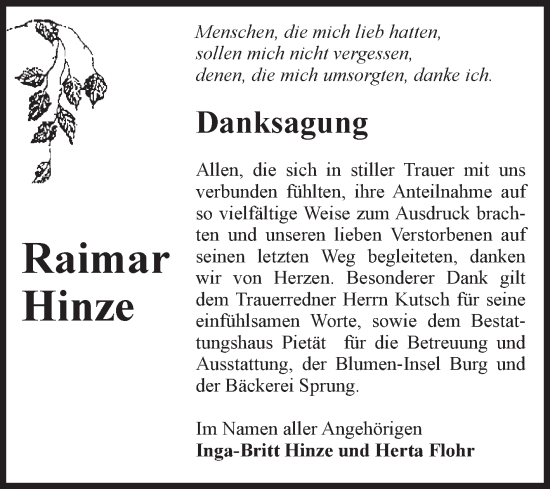 Traueranzeige von Raimar Hinze von Volksstimme Burg/Genthin