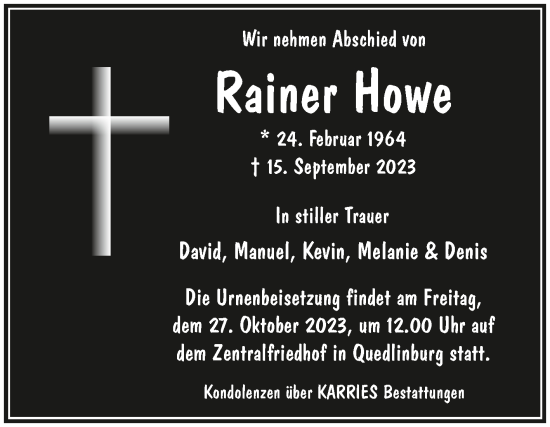 Traueranzeige von Rainer Howe von Trauerkombi Quedlinburg