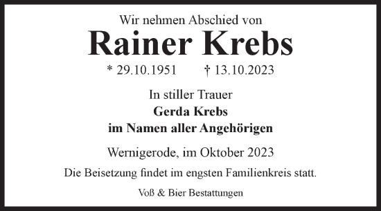 Traueranzeige von Rainer Krebs von Volksstimme Wernigerode
