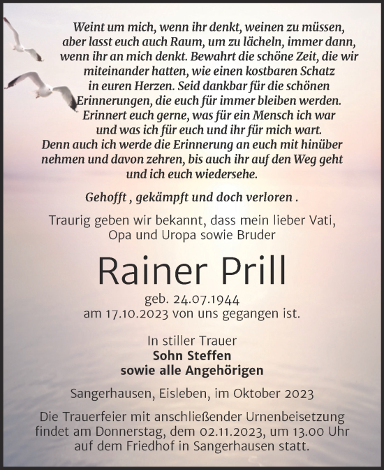 Traueranzeige von Rainer Prill von Trauerkombi Mansfelder Land