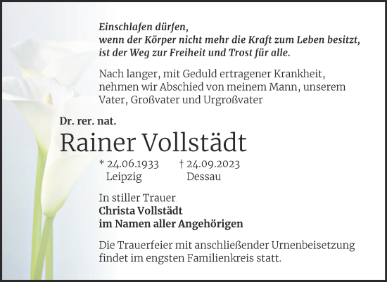 Traueranzeige von Rainer Vollstädt von Mitteldeutsche Zeitung Halle/Saalkreis