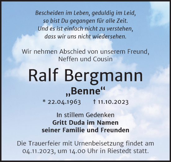 Traueranzeige von Ralf Bergmann von Trauerkombi Sangerhausen