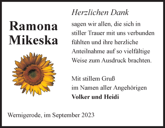 Traueranzeige von Ramona Mikeska von Volksstimme Wernigerode