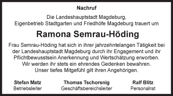Traueranzeige von Ramona Semrau-Höding von Volksstimme Magdeburg
