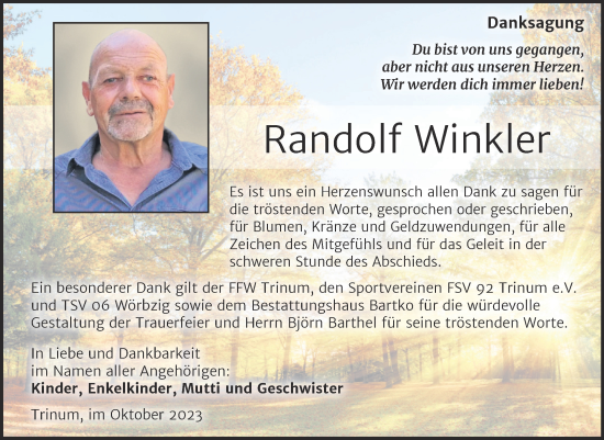 Traueranzeige von Randolf Winkler von Trauerkombi Köthen