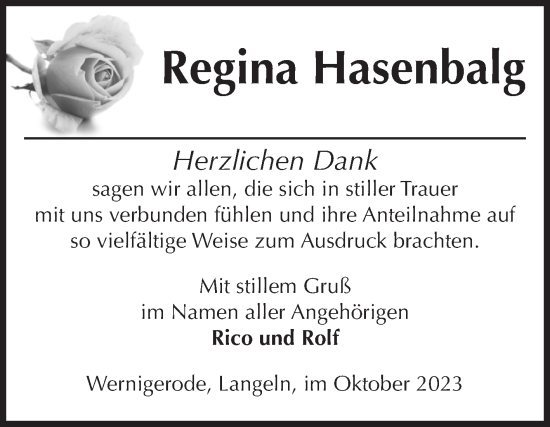 Traueranzeige von Regina Hasenbalg von Volksstimme Wernigerode