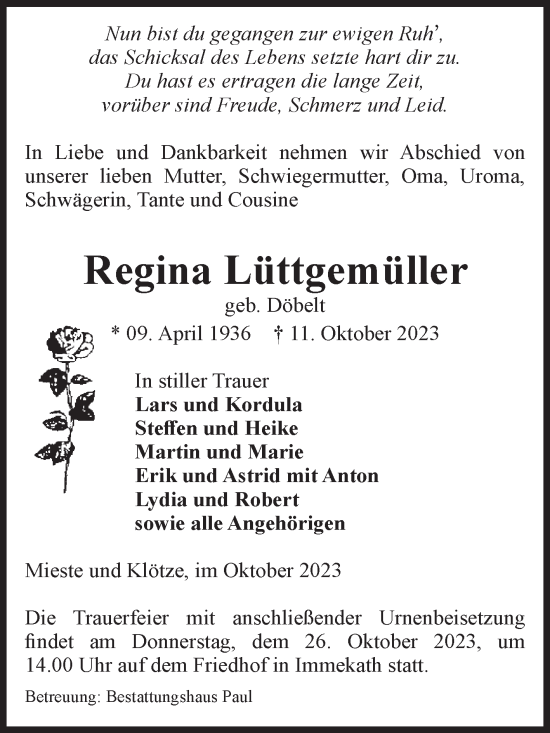 Traueranzeige von Regina Lüttgemüller von Volksstimme Altmark West