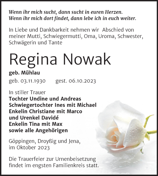 Traueranzeige von Regina Nowak von Trauerkombi Zeitz