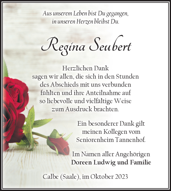 Traueranzeige von Regina Seubert von Volksstimme Schönebeck